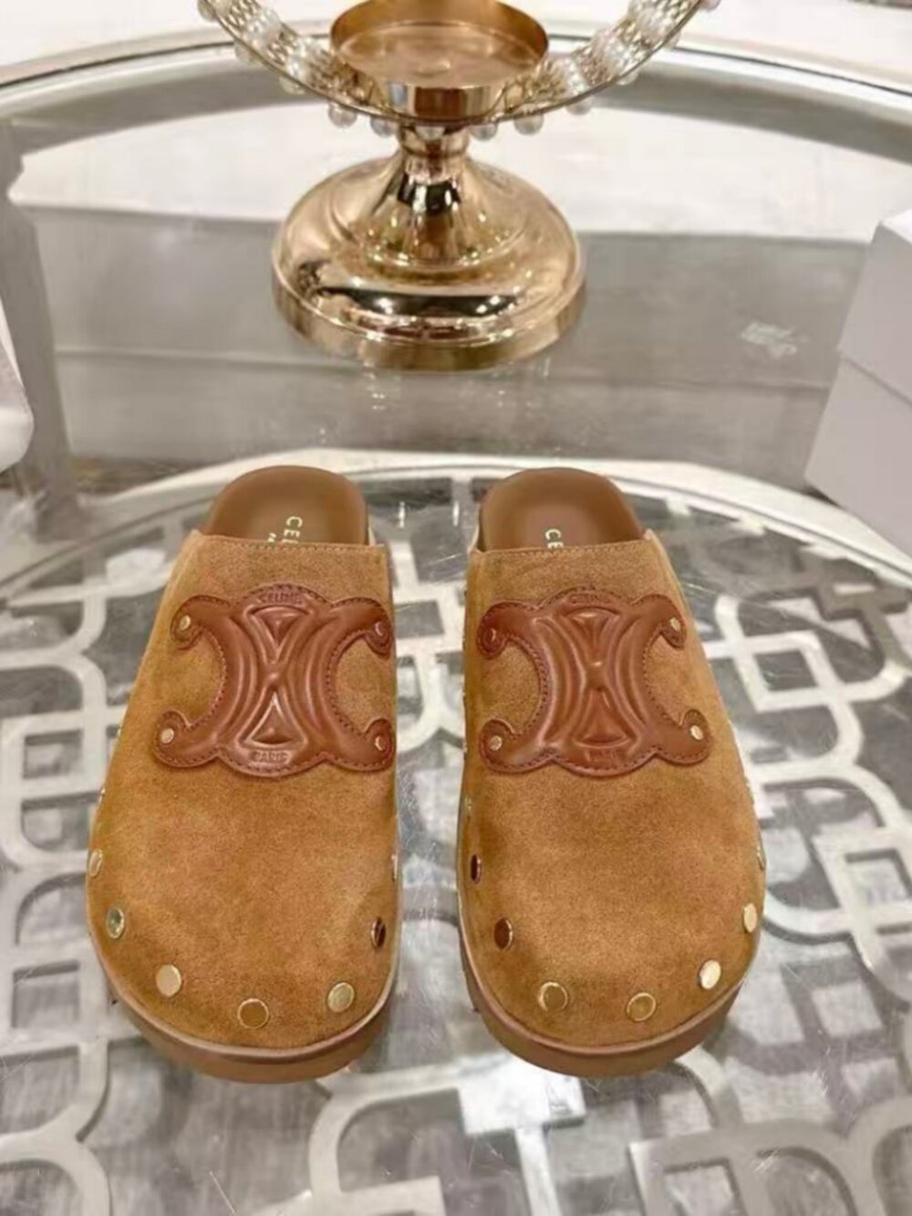 Celine Triomphe Suede Mules